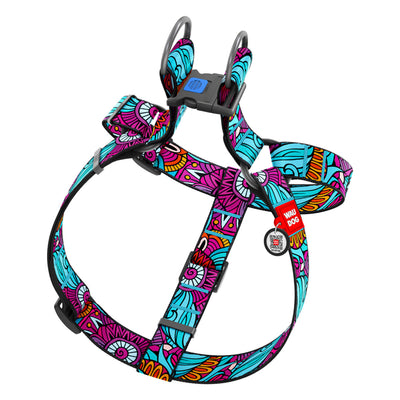 WAUDOG NYLON DOG HARNESS WITH QR PASSPORT SUMMER BLUE DESIGN