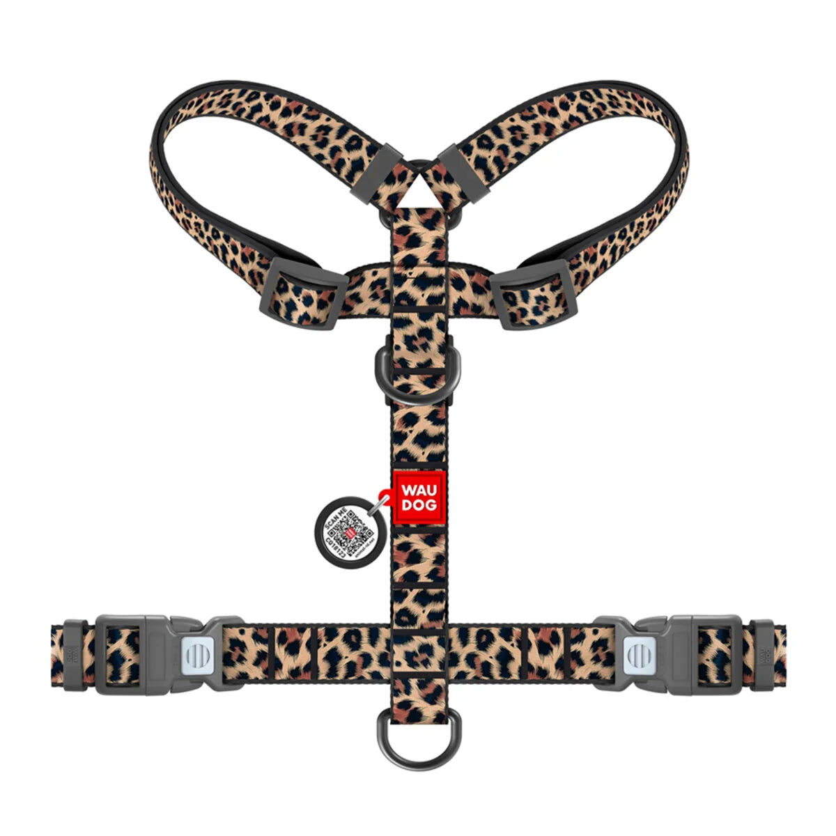 WAUDOG NYLON DOG H-HARNESS WITH QR-PASSPORT, LEOPARD DESIGN PLASTIC FASTEX