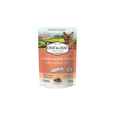 CHAT&CHAT WET ADULT STERILIZED CAT FOOD WITH CHICKEN & FRESH SALMON 100G