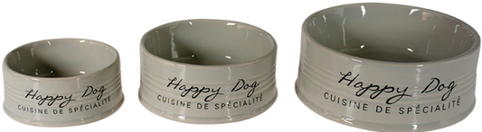 FEEDING BOWL STONE HAPPY DOG GREY