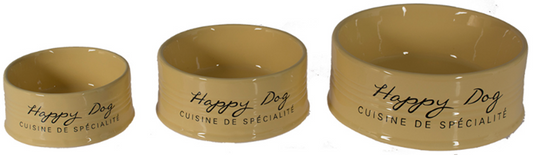 FEEDING BOWL STONE HAPPY DOG YELLOW