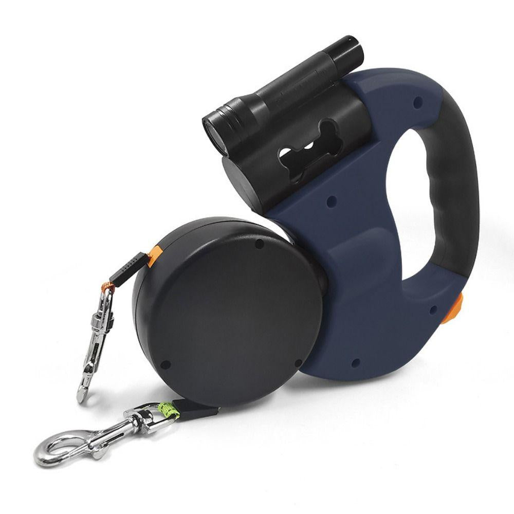 ROTATED DOUBLE RETRACTABLE LEAD WITH LED & POOP BAG HOLDER