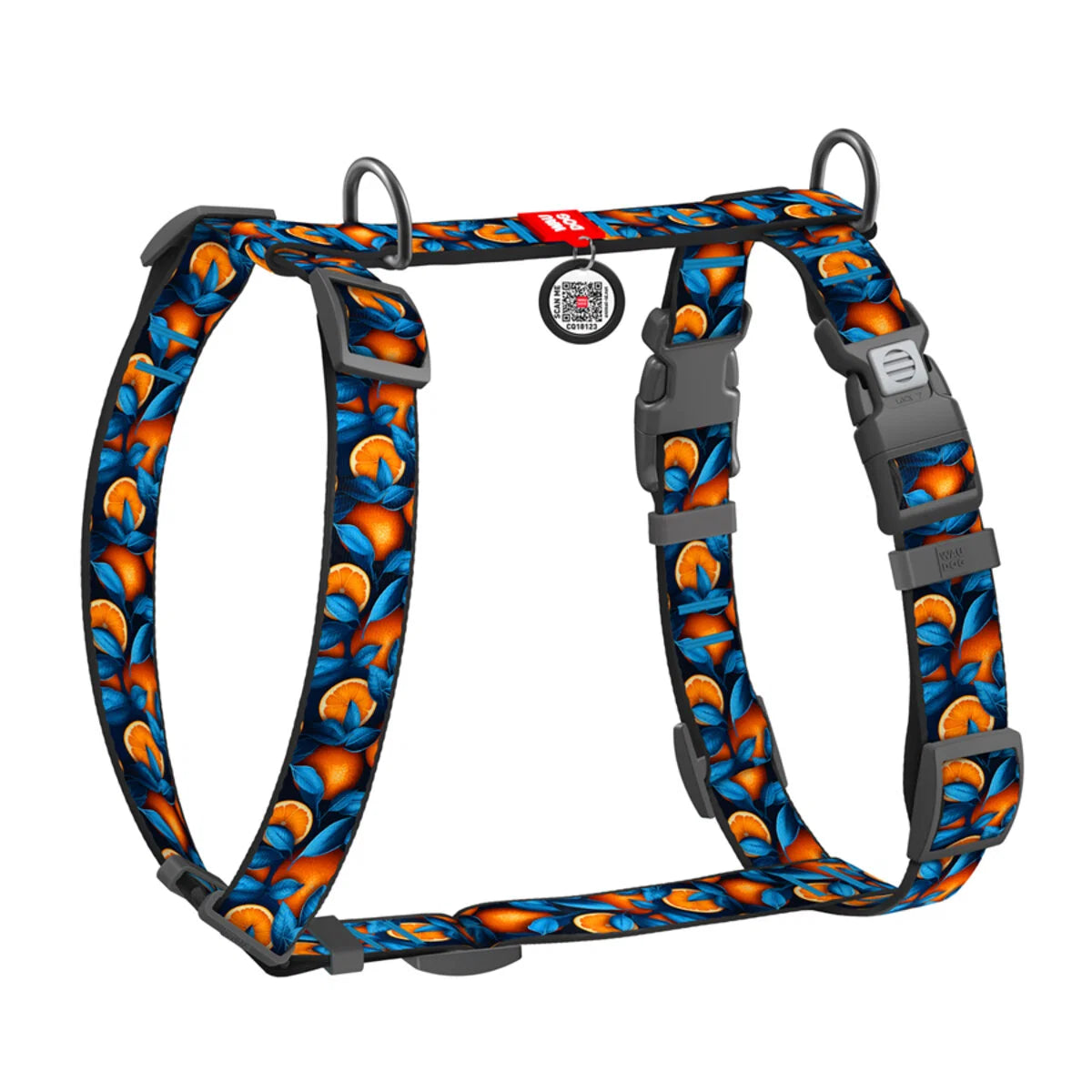 WAUDOG NYLON DOG H-HARNESS WITH QR-PASSPORT, ORANGES DESIGN, PLASTIC FASTEX