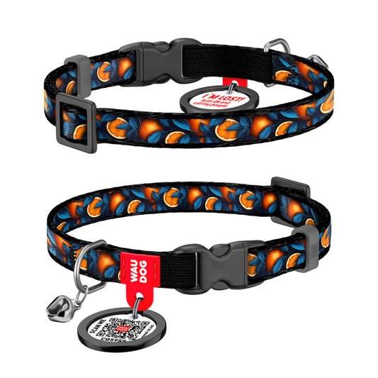 WAUDOG NYLON CAT COLLAR WITH QR PASSPORT, ORANGES DESIGN