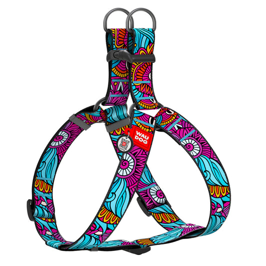 WAUDOG NYLON DOG HARNESS WITH QR PASSPORT SUMMER BLUE DESIGN