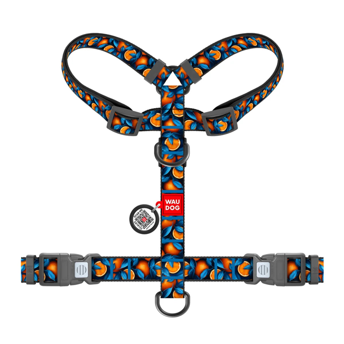 WAUDOG NYLON DOG H-HARNESS WITH QR-PASSPORT, ORANGES DESIGN, PLASTIC FASTEX